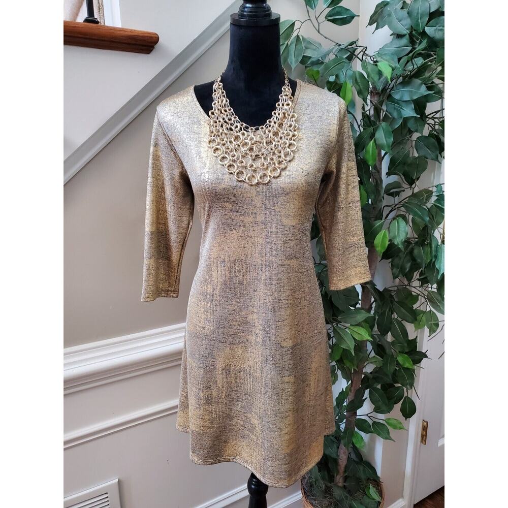 Espresso Women's Beige Polyester Round Neck Half Sleeve Knee Length Dress Size S